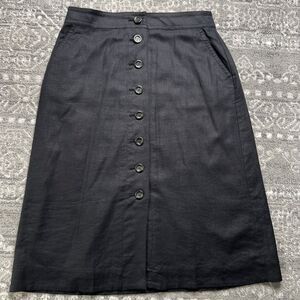 Ann Taylor Linen Blend Button Down Midi Skirt 12P Black Office Classic Cottage
